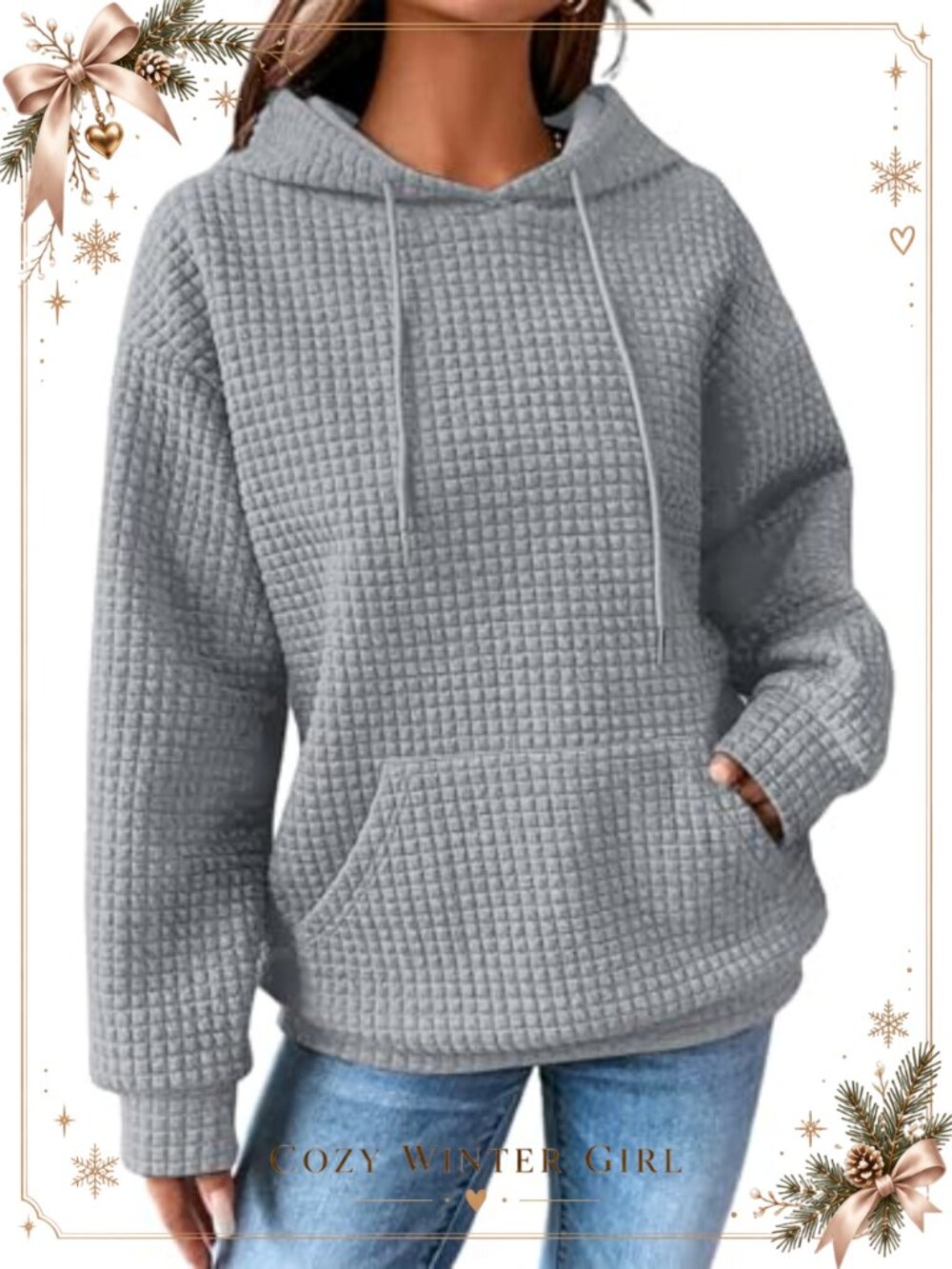 Waffle Knit Hoodie Drawstring Pullover Womens Casual Sweatshirt